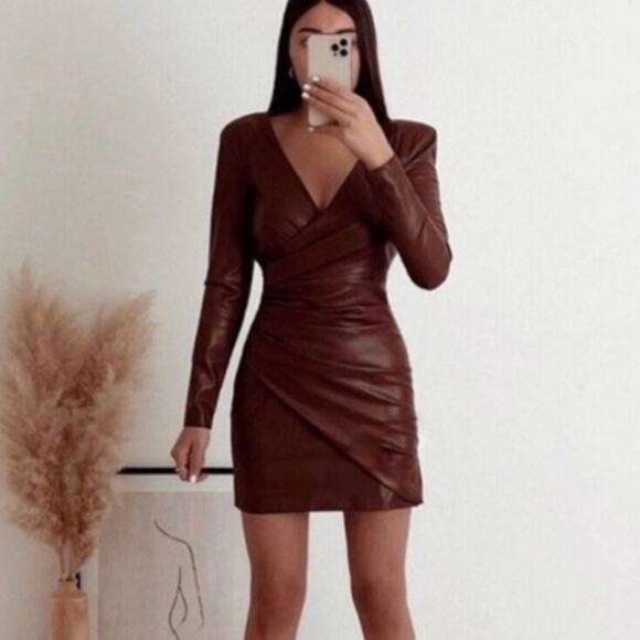 Zara Faux Leather Mini Dress NWT Brown Surplice V-Neck Ruched Long Sleeves Sz M - Picture 1 of 12